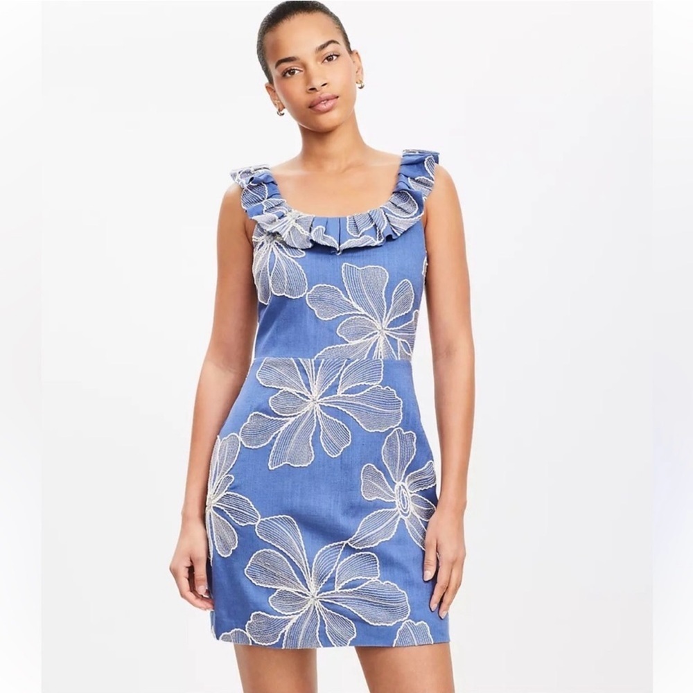 Loft Floral Embroidered Ruffle Neck Mini Dress Blue White Linen Blend Vacation